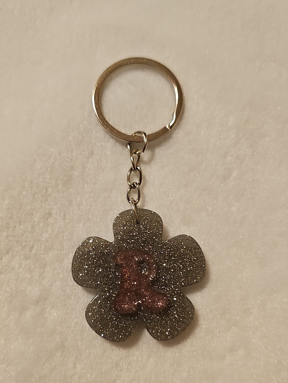 Silver Glitter Flower Keychain with Initial R